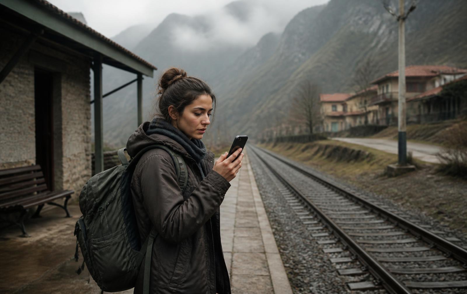Traveller using a downloaded phrasebook on a remote mountain train platform with no signal