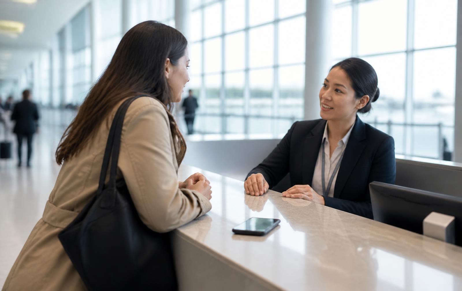 Two people sorting something out face to face at a service counter