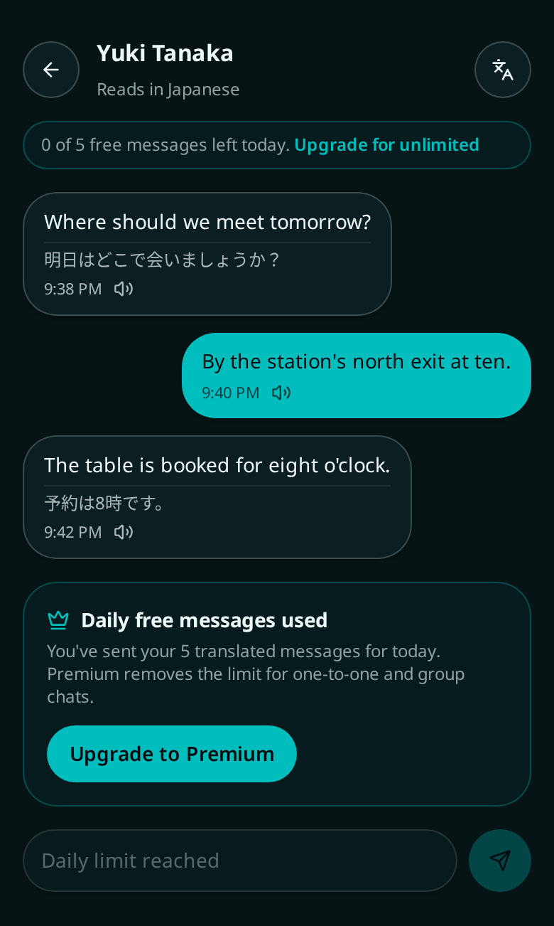 Parlivon chat showing zero of five free translated messages left today and an upgrade to Premium button