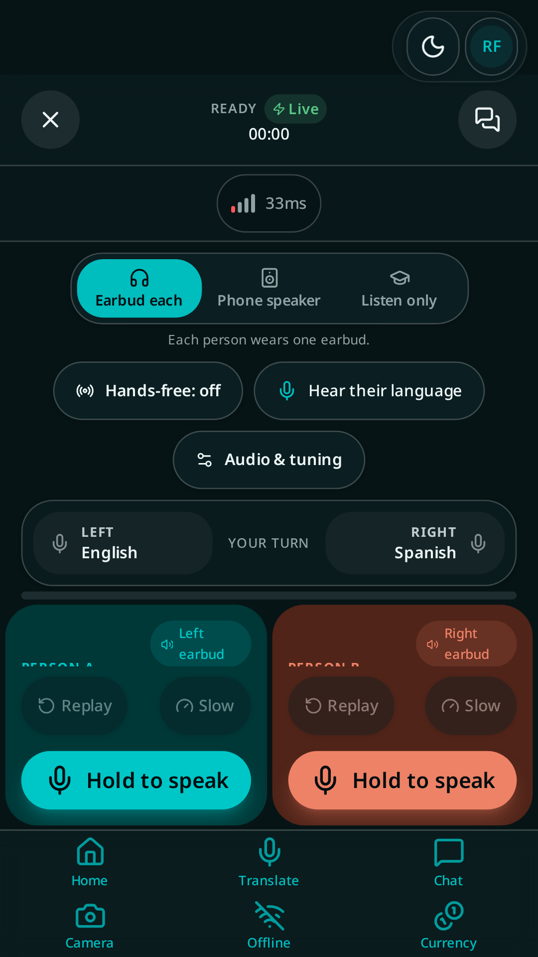 Parlivon conversation screen split between English and Japanese, with left and right earbud labels and a hold-to-speak button for each person