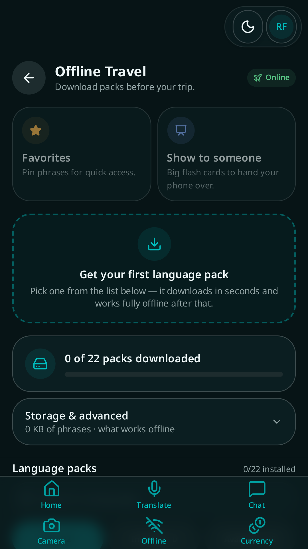 Parlivon offline travel screen showing 22 downloadable language packs grouped by region with storage usage
