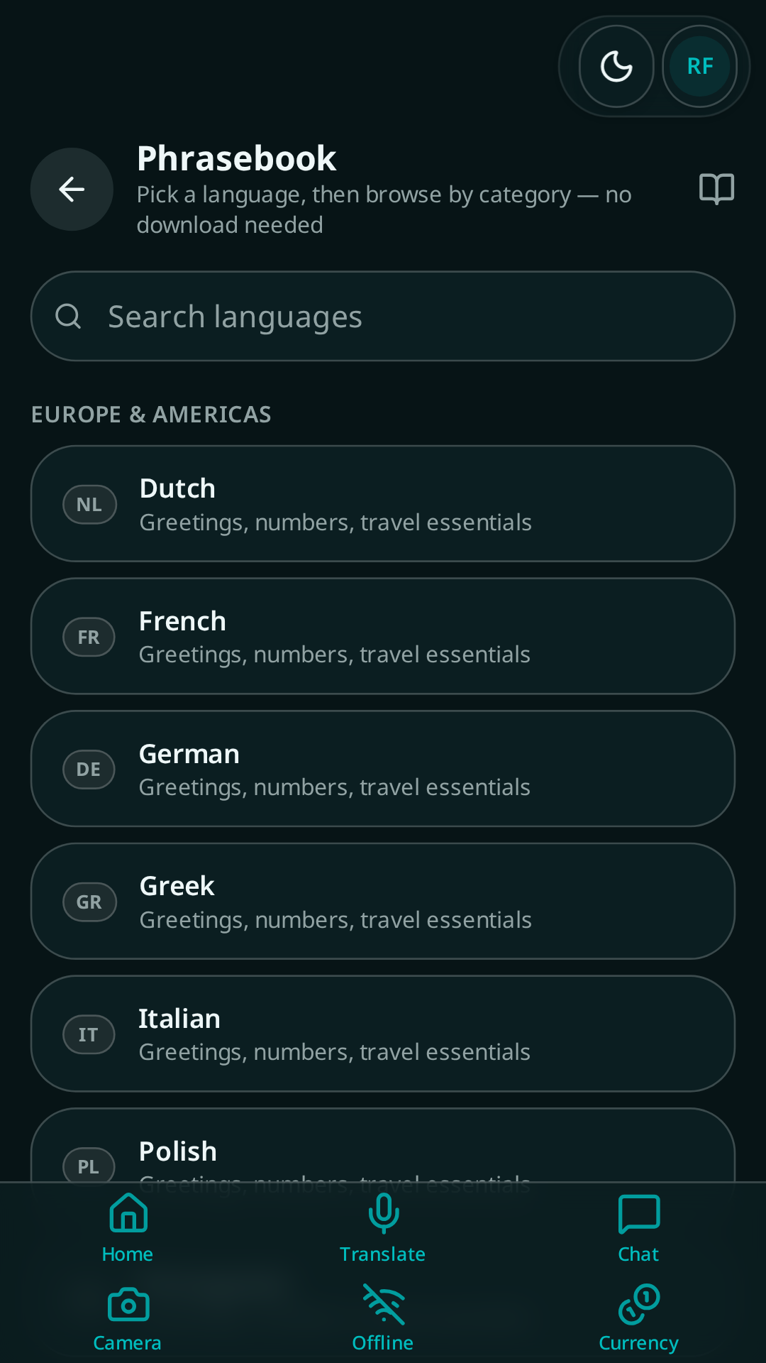 Parlivon phrasebook language list grouped by Europe and Americas, Asia and Middle East